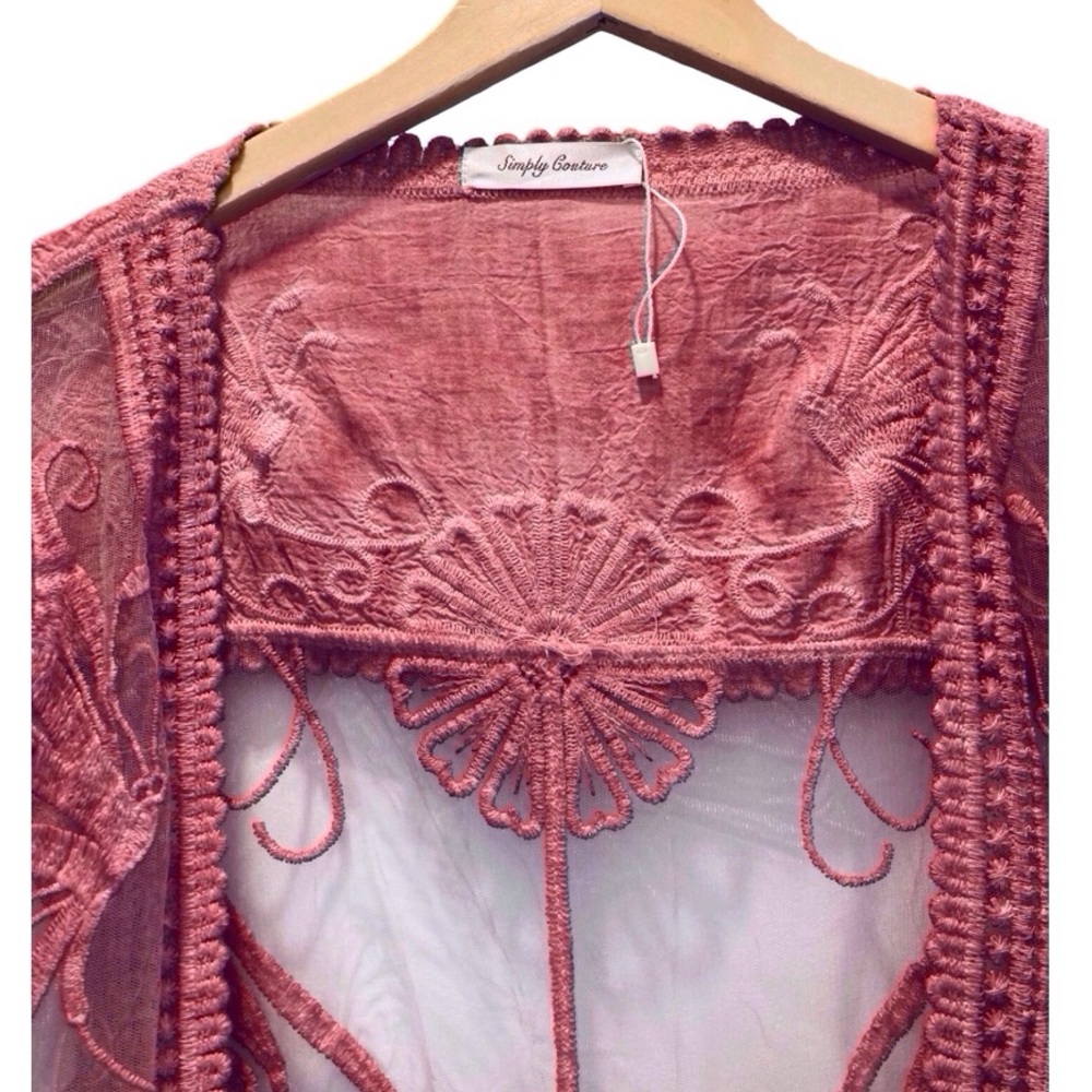 Simply Couture Butterfly Embroidered Sheer Mesh Kimono Cardigan Dusty Rose NWOT - Picture 3 of 6